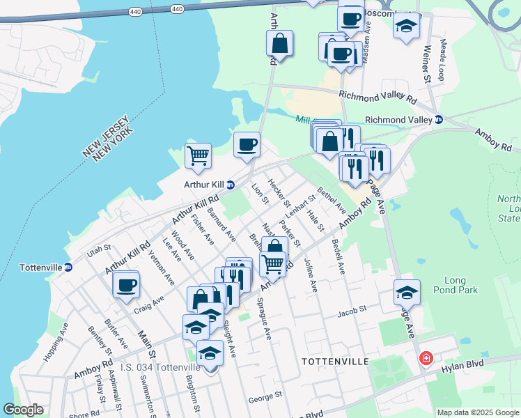 map of restaurants, bars, coffee shops, grocery stores, and more near 101 Lenhart Street in Staten Island