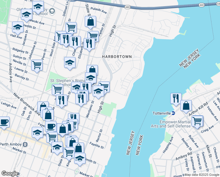 map of restaurants, bars, coffee shops, grocery stores, and more near 515 Hartford Street in Perth Amboy