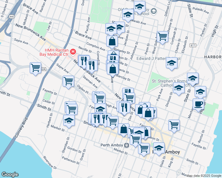 map of restaurants, bars, coffee shops, grocery stores, and more near 340 New Brunswick Avenue in Perth Amboy