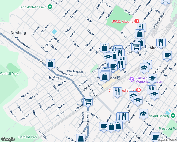 map of restaurants, bars, coffee shops, grocery stores, and more near in Blair County