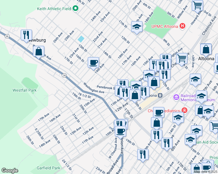 map of restaurants, bars, coffee shops, grocery stores, and more near 1398 Pennbrook Street in Altoona