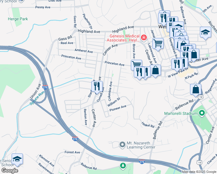 map of restaurants, bars, coffee shops, grocery stores, and more near 349 Columbia Avenue in Pittsburgh