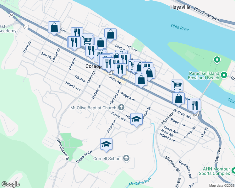 map of restaurants, bars, coffee shops, grocery stores, and more near 712 Fleming Street in Coraopolis