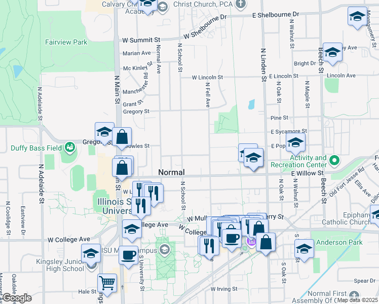 map of restaurants, bars, coffee shops, grocery stores, and more near 404 1/2 North School Street in Normal