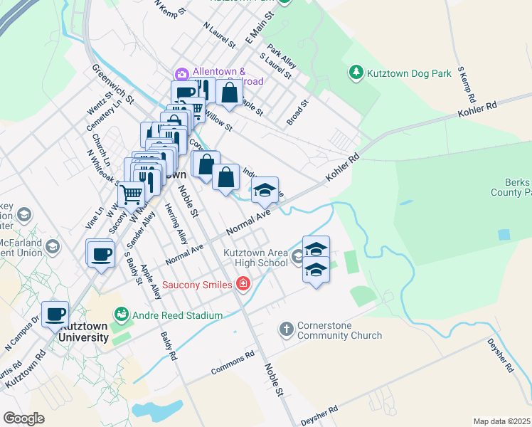 map of restaurants, bars, coffee shops, grocery stores, and more near 40 Normal Avenue in Kutztown