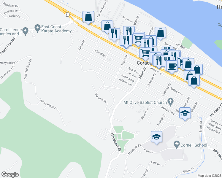 map of restaurants, bars, coffee shops, grocery stores, and more near 1036 Woodlawn Drive in Coraopolis
