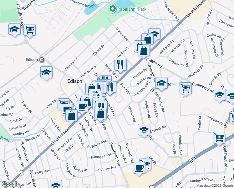 map of restaurants, bars, coffee shops, grocery stores, and more near 207 Woodhaven Drive in Edison