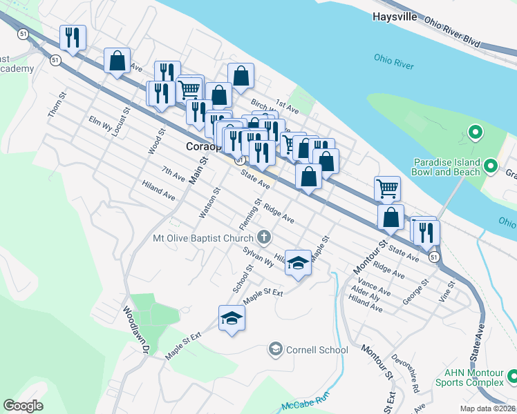 map of restaurants, bars, coffee shops, grocery stores, and more near 1100 Ridge Avenue in Coraopolis