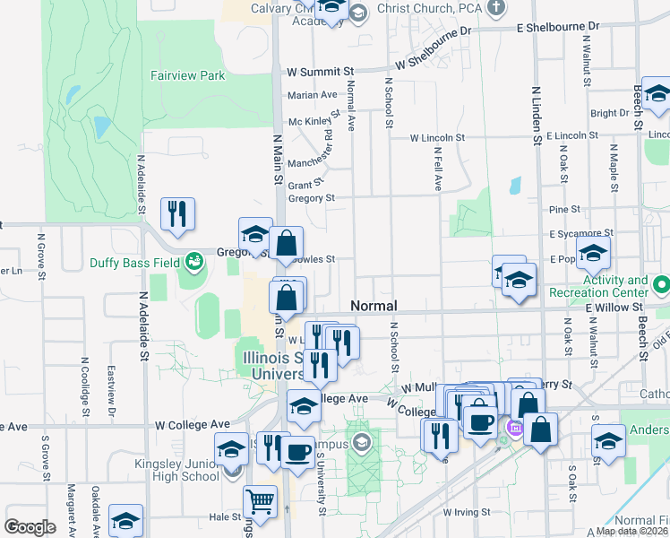 map of restaurants, bars, coffee shops, grocery stores, and more near 32 University Court in Normal