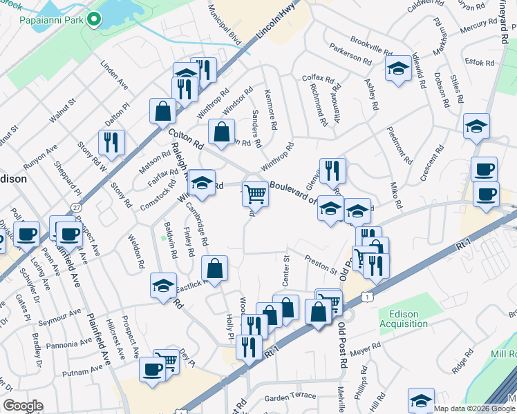 map of restaurants, bars, coffee shops, grocery stores, and more near 23 Ferris Road in Edison