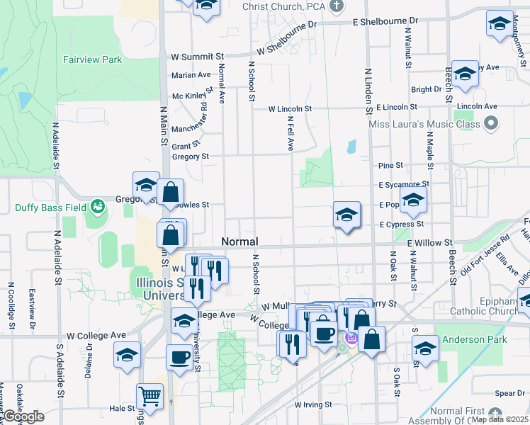 map of restaurants, bars, coffee shops, grocery stores, and more near 404 1/2 North School Street in Normal