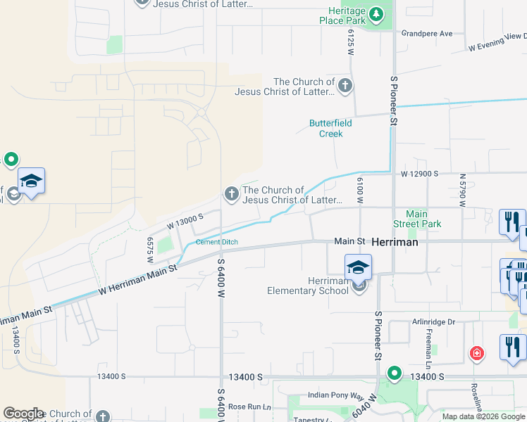 map of restaurants, bars, coffee shops, grocery stores, and more near 6299 Hawks Bluff Road in Herriman