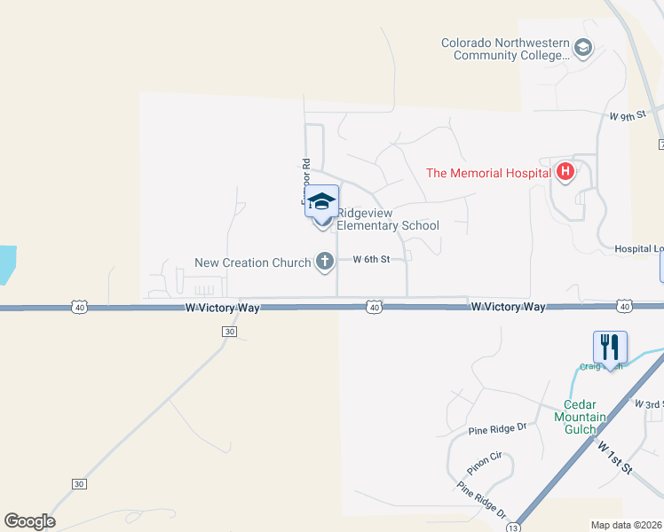 map of restaurants, bars, coffee shops, grocery stores, and more near 520 Westridge Road in Craig