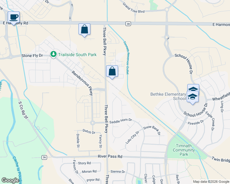 map of restaurants, bars, coffee shops, grocery stores, and more near 5128 Odessa Lake Street in Timnath