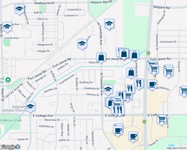 map of restaurants, bars, coffee shops, grocery stores, and more near 301 Columbia Drive in Normal