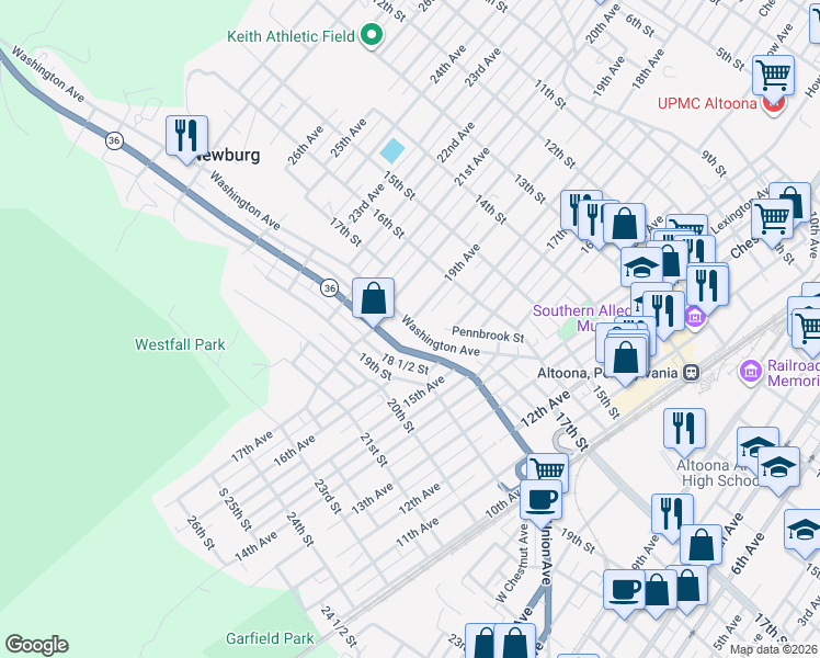 map of restaurants, bars, coffee shops, grocery stores, and more near 1534 18th Street in Altoona