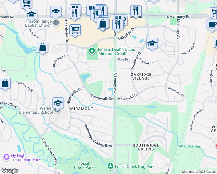 map of restaurants, bars, coffee shops, grocery stores, and more near 1112 Spanish Oak Court in Fort Collins
