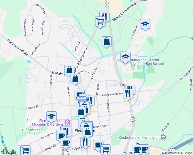 map of restaurants, bars, coffee shops, grocery stores, and more near 29 East Main Street in Flemington