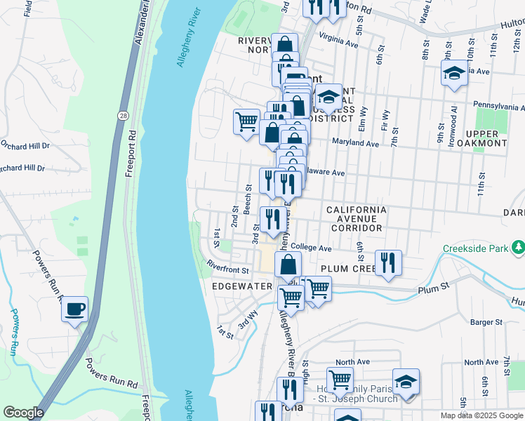 map of restaurants, bars, coffee shops, grocery stores, and more near 223 3rd Street in Oakmont