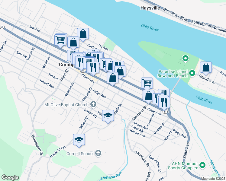 map of restaurants, bars, coffee shops, grocery stores, and more near 1302 State Avenue in Coraopolis