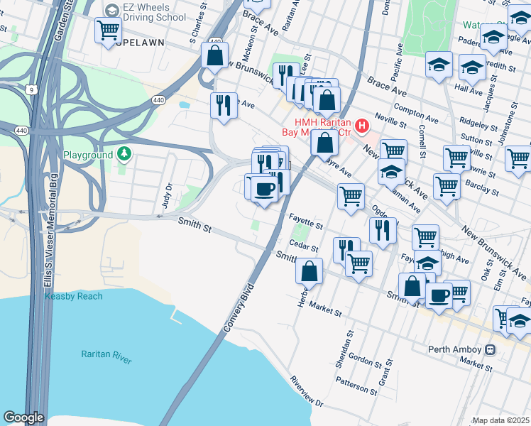 map of restaurants, bars, coffee shops, grocery stores, and more near 587 Fayette Street in Perth Amboy