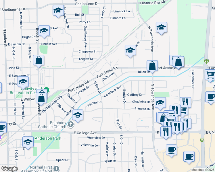 map of restaurants, bars, coffee shops, grocery stores, and more near 1311 Dillon Drive in Normal