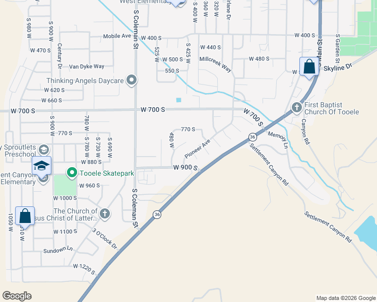 map of restaurants, bars, coffee shops, grocery stores, and more near 387 Boothill Circle in Tooele