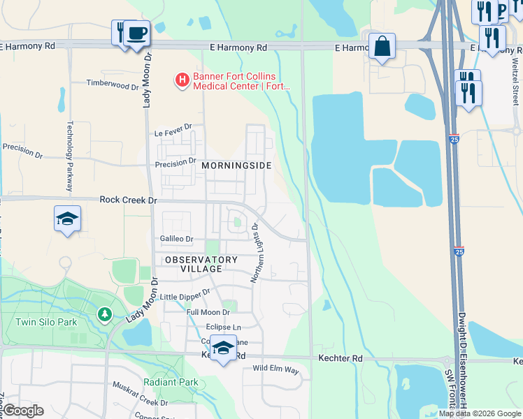 map of restaurants, bars, coffee shops, grocery stores, and more near 5139 Northern Lights Drive in Fort Collins