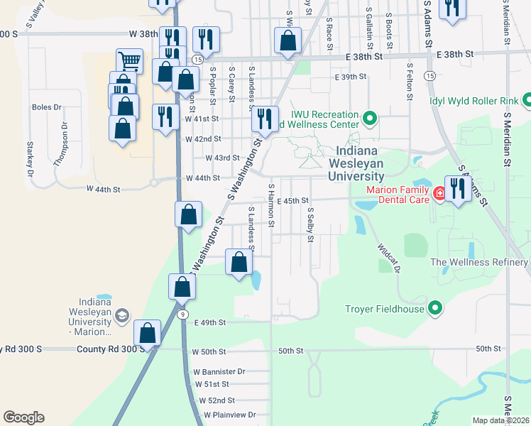 map of restaurants, bars, coffee shops, grocery stores, and more near 4604 S Harmon St in Marion