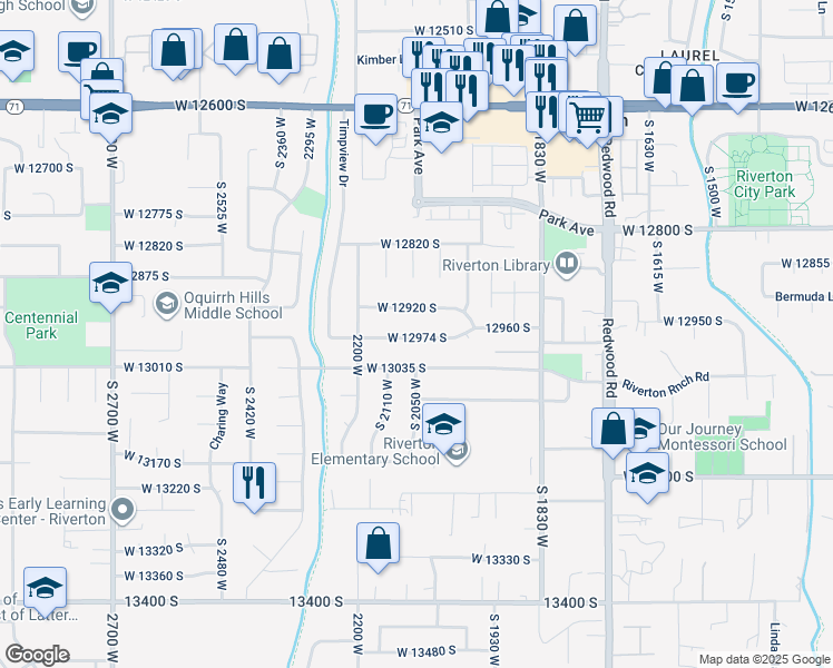 map of restaurants, bars, coffee shops, grocery stores, and more near 2120 12960 South in Riverton