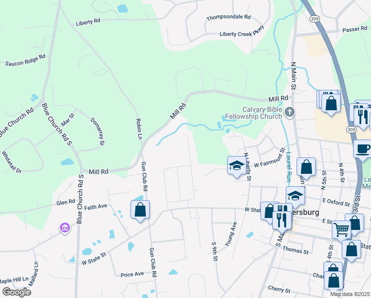 map of restaurants, bars, coffee shops, grocery stores, and more near 140 North Hillside Drive in Coopersburg