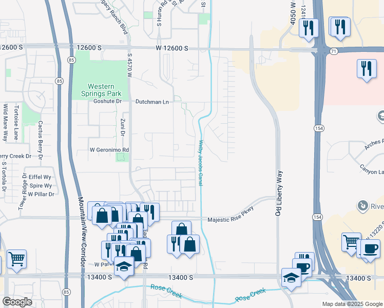 map of restaurants, bars, coffee shops, grocery stores, and more near 4354 West Aspen Cottage Lane in Riverton