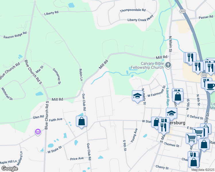 map of restaurants, bars, coffee shops, grocery stores, and more near 140 North Hillside Drive in Coopersburg
