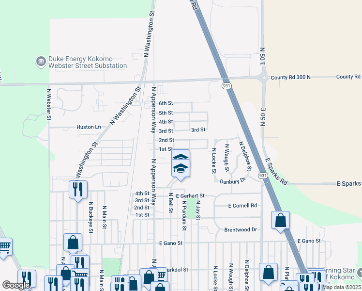map of restaurants, bars, coffee shops, grocery stores, and more near 2800 North Apperson Way in Kokomo