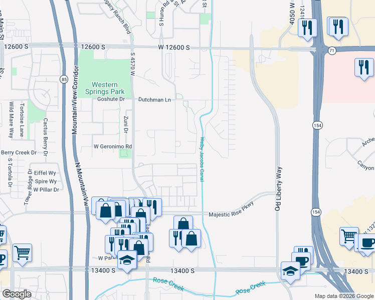 map of restaurants, bars, coffee shops, grocery stores, and more near 4378 West Aspen Cottage Lane in Riverton
