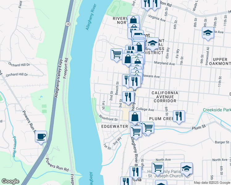 map of restaurants, bars, coffee shops, grocery stores, and more near 305 Beech Street in Oakmont
