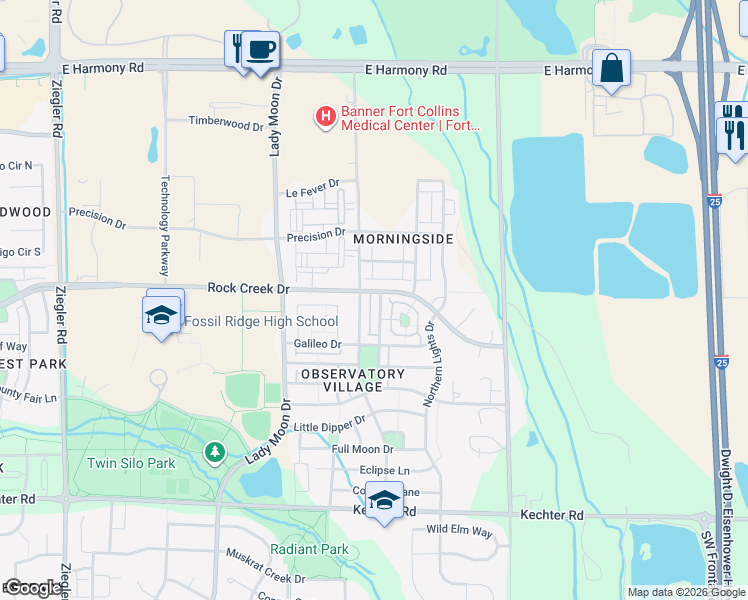 map of restaurants, bars, coffee shops, grocery stores, and more near 5109 Southern Cross Lane in Fort Collins