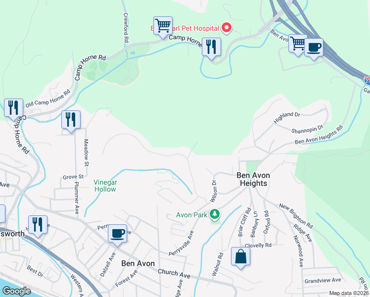 map of restaurants, bars, coffee shops, grocery stores, and more near 46 Newgate Road in Pittsburgh