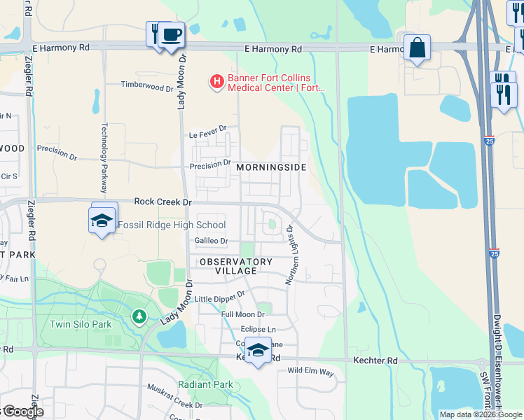 map of restaurants, bars, coffee shops, grocery stores, and more near 3803 Sky Gazer Lane in Fort Collins