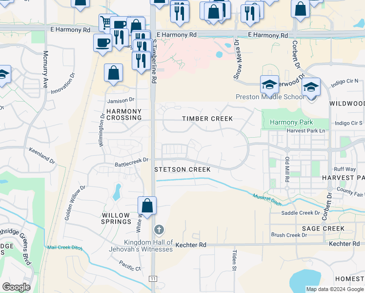 map of restaurants, bars, coffee shops, grocery stores, and more near 2238 Stetson Creek Drive in Fort Collins