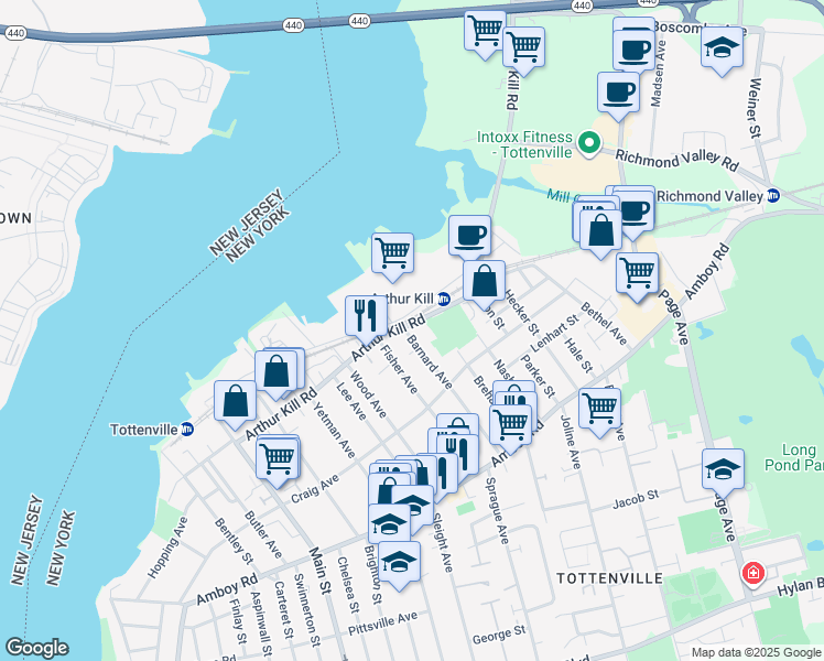map of restaurants, bars, coffee shops, grocery stores, and more near 145 Barnard Avenue in Staten Island