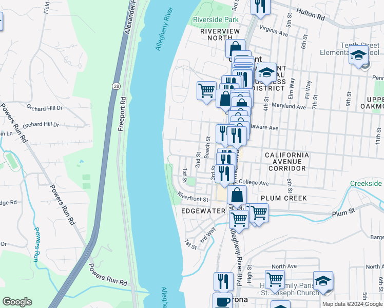 map of restaurants, bars, coffee shops, grocery stores, and more near 251 2nd Street in Oakmont