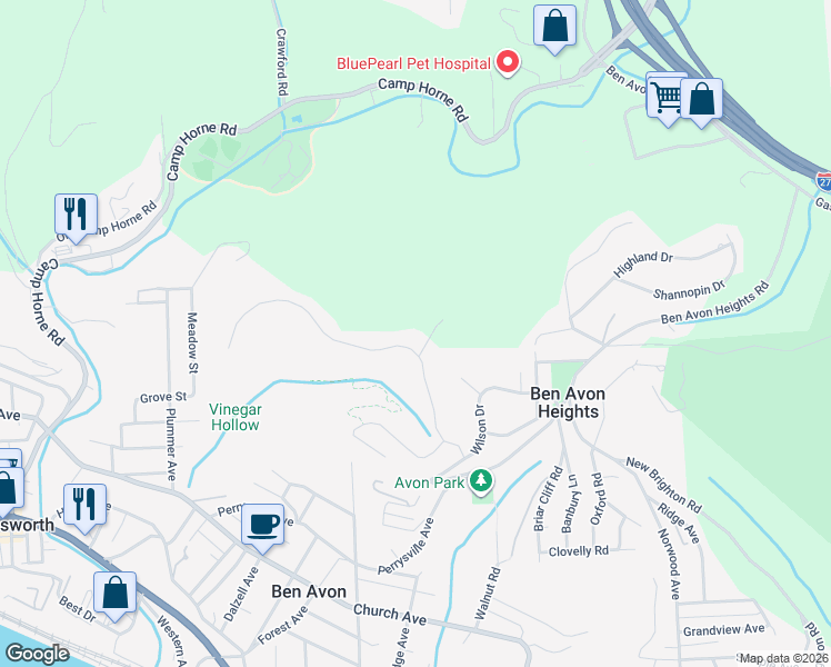 map of restaurants, bars, coffee shops, grocery stores, and more near 46 Newgate Road in Pittsburgh