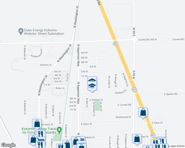 map of restaurants, bars, coffee shops, grocery stores, and more near 2800 North Apperson Way in Kokomo