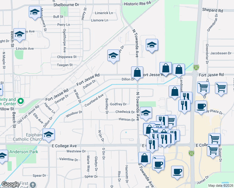 map of restaurants, bars, coffee shops, grocery stores, and more near 300 Judith Drive in Normal