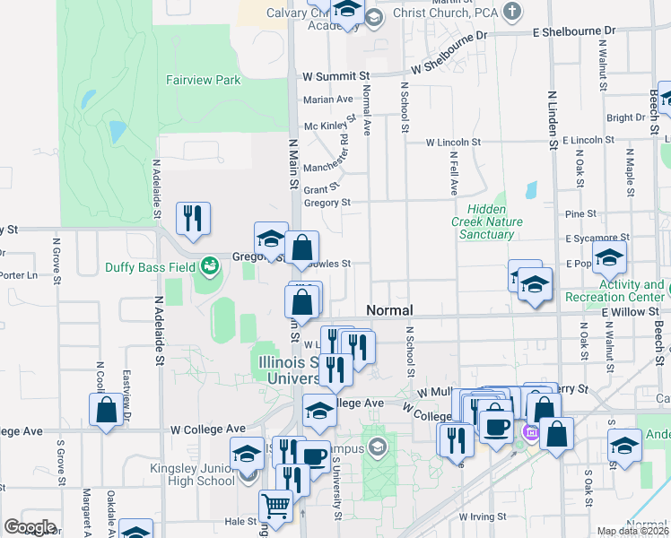 map of restaurants, bars, coffee shops, grocery stores, and more near 11 North University Street in Normal