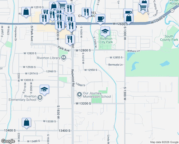 map of restaurants, bars, coffee shops, grocery stores, and more near Chandler Boy Court in Riverton
