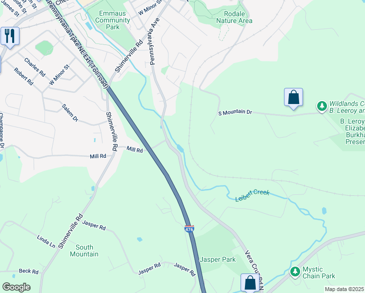 map of restaurants, bars, coffee shops, grocery stores, and more near 4535 Vera Cruz Road in Emmaus
