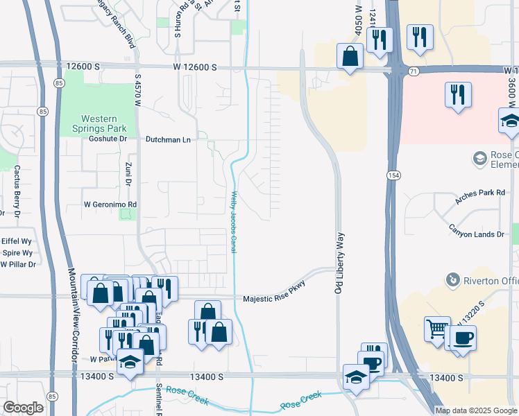 map of restaurants, bars, coffee shops, grocery stores, and more near 4245 West 12600 South in Riverton