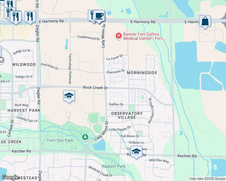 map of restaurants, bars, coffee shops, grocery stores, and more near 3649 Voyager Lane in Fort Collins